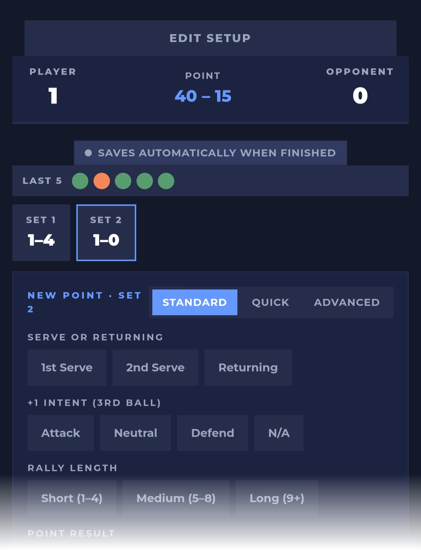 The live charting tab on a phone: the point score, the last five points, set scores and the standard, quick and advanced modes