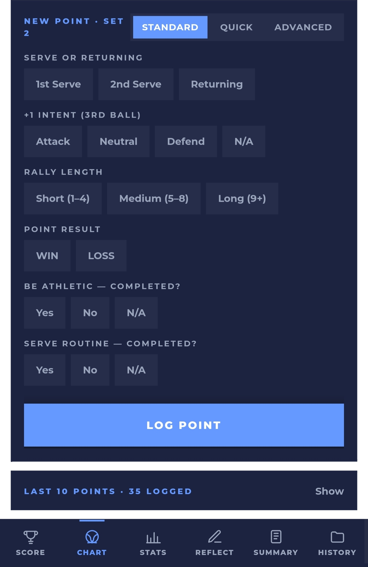 Logging a point on a phone in standard mode: serve, intent, rally length, the point result, process goal questions and the Log point button