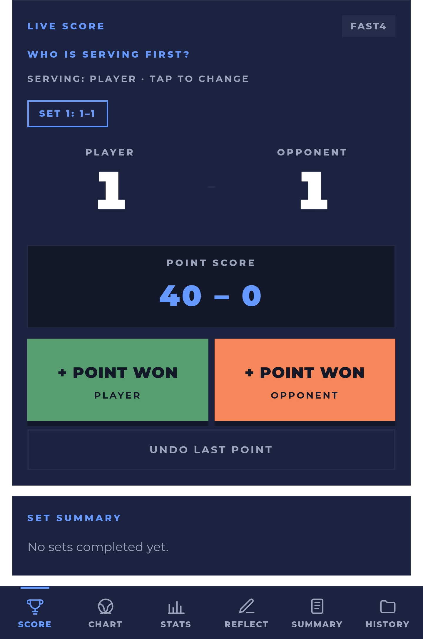 The score tab on a phone: the server, set scores, the point score and a point won button for each side